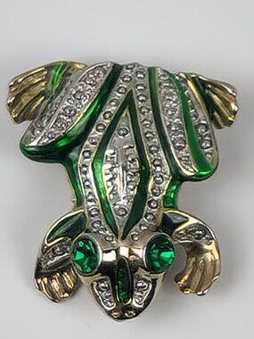 Vintage Green Enamel Frog Brooch Pin Gold Tone Rhinestone Sparkling Emerald Eyes